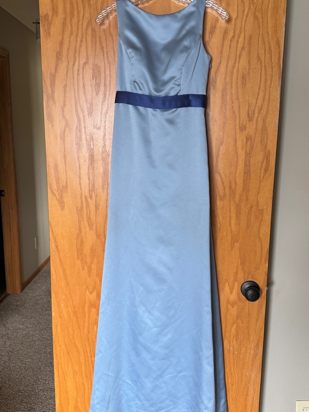 After Six Light Blue Satin Maxi Dress with Navy Waist Sash